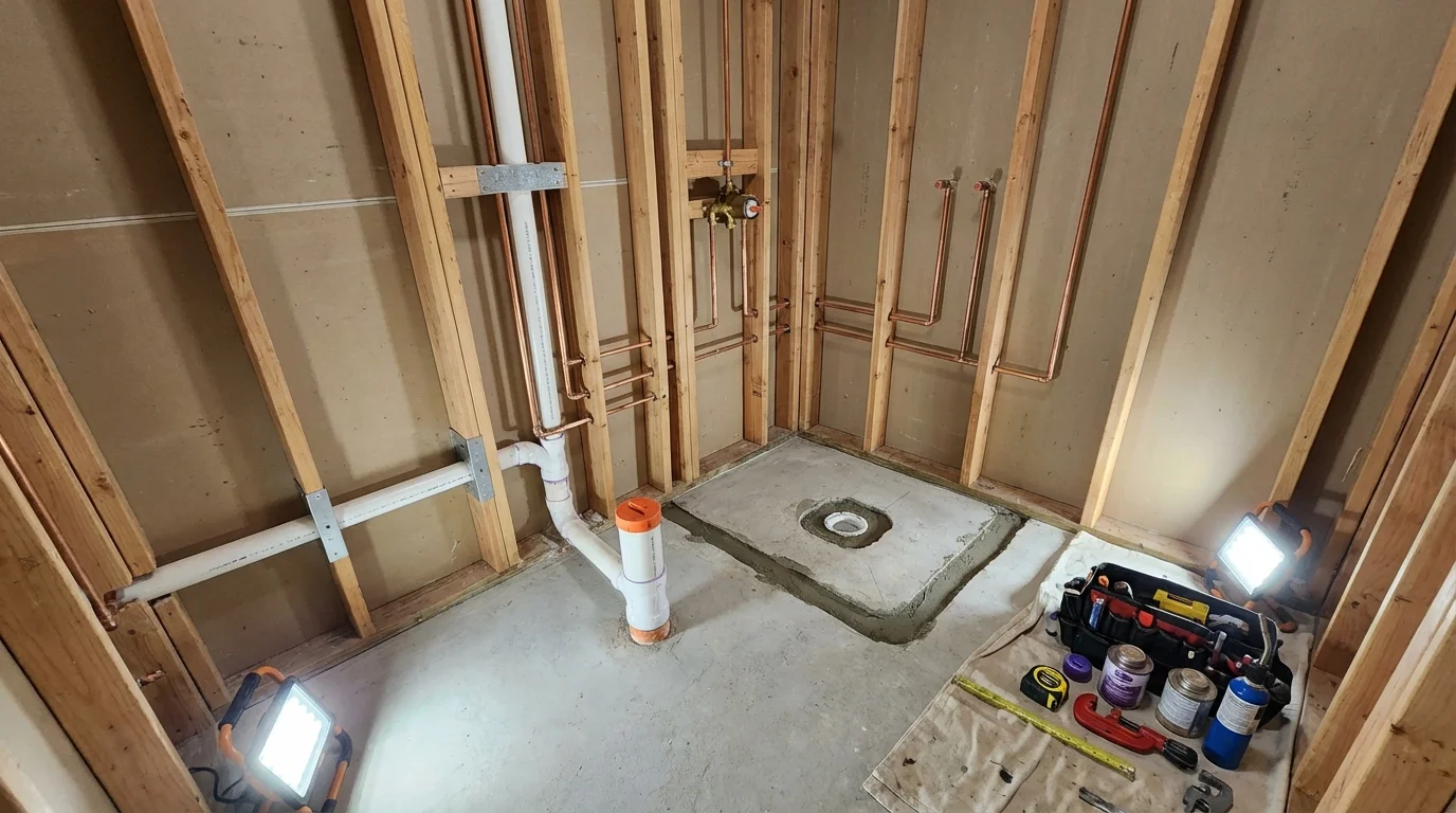 Bathroom rough-in plumbing during remodel by Johns Plumbing LLC in Walker