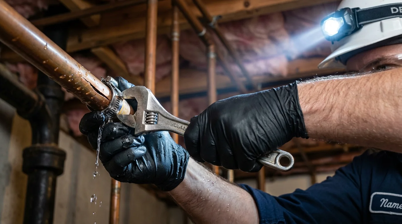 Emergency pipe clamp repair being performed by a Johns Plumbing LLC plumber in Walker