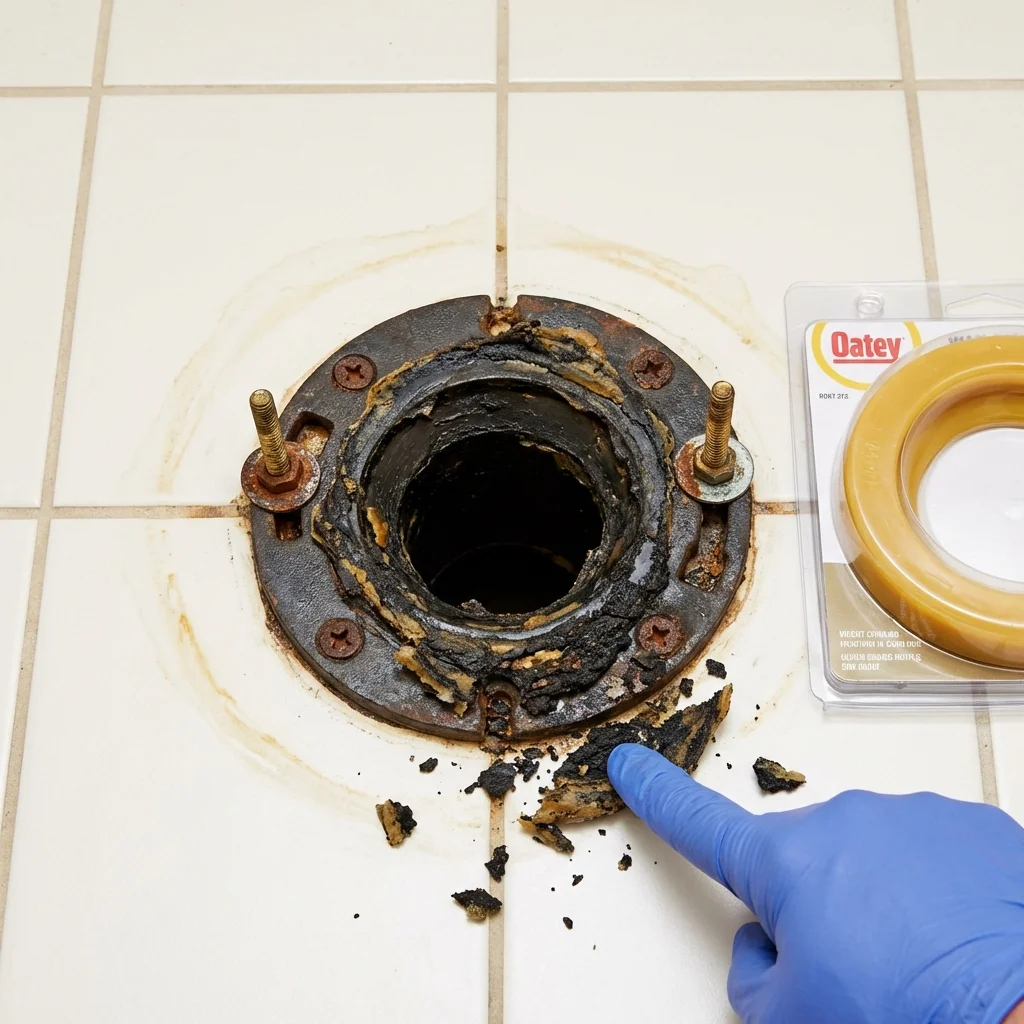 Failed wax ring showing water seepage at the base of a toilet in a Walker, LA home