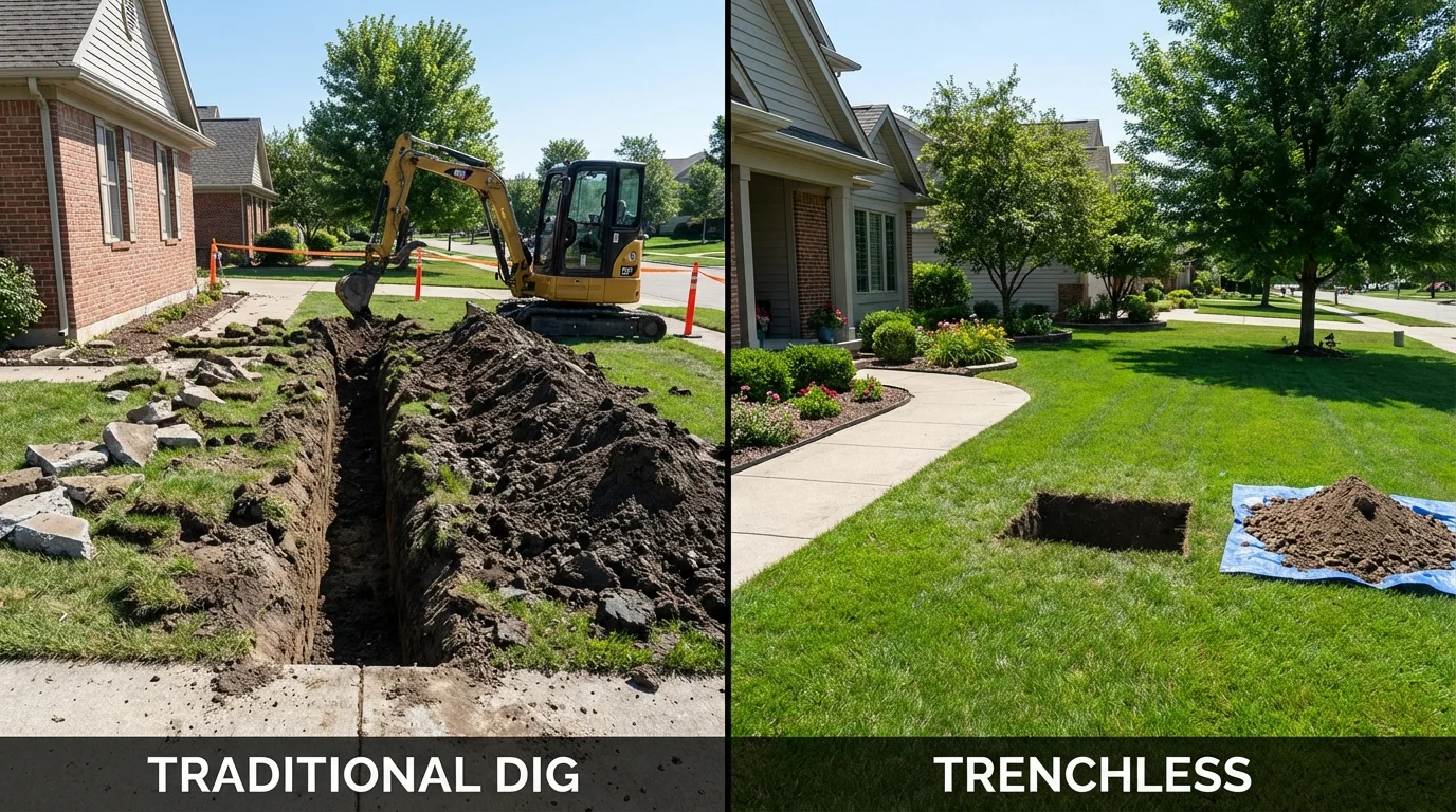 Trenchless sewer repair with minimal yard damage versus traditional excavation in Walker, LA
