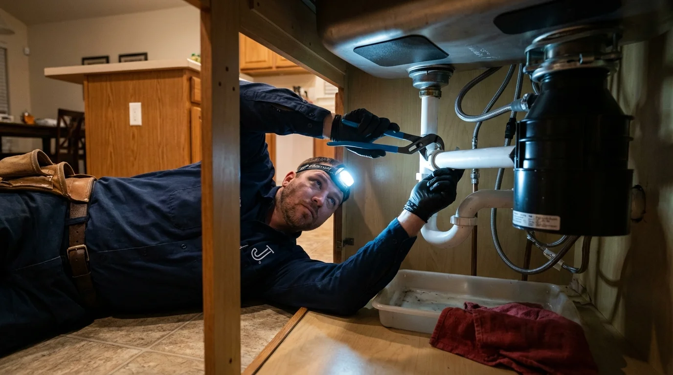P-trap and supply line connections under a kitchen sink showing a common leak point in Walker, LA